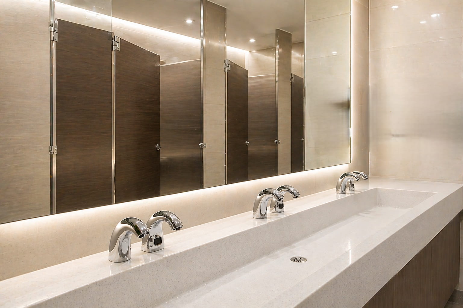 Stainless steel automatic touchless faucets and touchless soap dispensers for commercial restrooms